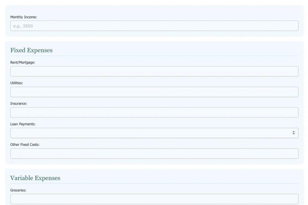 Monthly Budget Calculator Screenshot of FundFern’s Monthly Budget Calculator interface with income and expense input fields