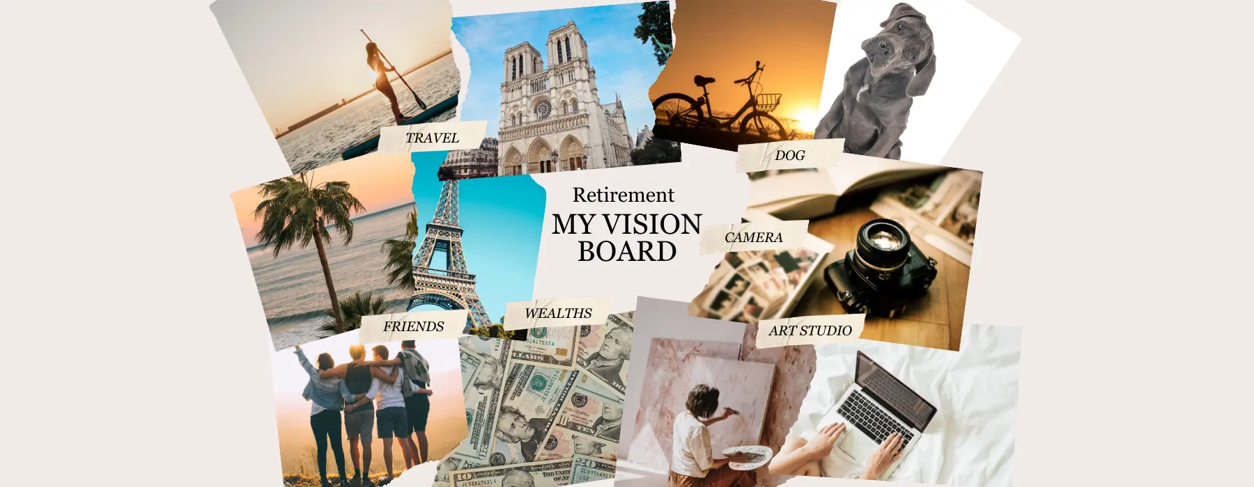 Vision board collage showing retirement dreams like travel, family time, cozy home, beach sunsets, and healthy lifestyle — how to plan for retirement