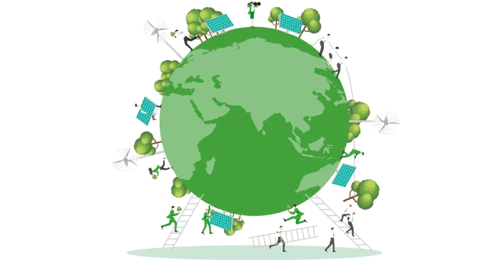 Illustration of a green Earth surrounded by people installing solar panels, planting trees, and promoting clean energy—symbolizing sustainable investing.