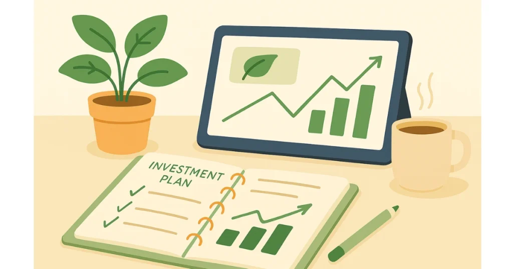 illustration of a cozy workspace with a green-themed investment plan, tablet showing a rising eco-friendly stock chart, and coffee cup beside a potted plant—symbolizing calm, intentional investing.