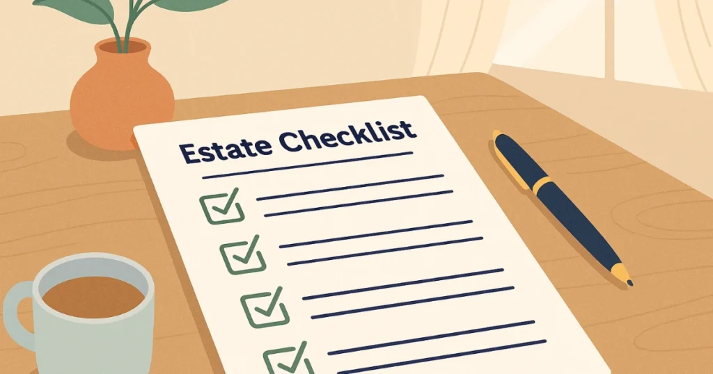 estate planning checklist illustration Printed estate planning checklist on a desk next to a pen and cup of tea